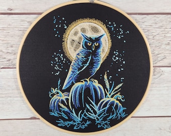Finished Embroidery, Fall Hoop Art, Autumn Decor, Embroidered Wall Art, 8 inch hoop, Owl Hoop Art