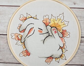 Finished Embroidery, Bunny Hoop, Fall Wall Art, 8 inch hoop Embroidery, Cute Nursery Wall Art, Autumn Wall Hoop