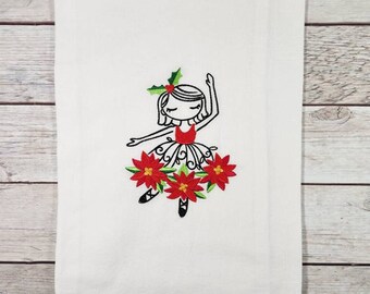 Pretty Christmas Dish Towel, Embroidered  Dish Towel, Flour Sack Tea Towel,  Kitchen Tea Towel, Poinsettia Towel