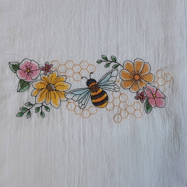 Bee Tea Towel, Flour Sack Kitchen Tea Towel, Embroidered Bee Design Towel, Decorative Towel