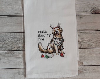 Christmas Dish Towel, Dog Tea Towel, Flour Sack Towel,  Kitchen Tea Towel, Embroidered Towel