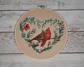 Finished Embroidery, Cardinal Wall Decor, Winter Hoop Art, Embroidered hoop art, 8 inch hoop, Winter Bird Decor