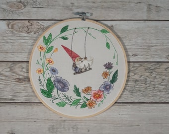 Finished Embroidery, Embroidered Hoop Art, 8 inch hoop, Gnome Decor