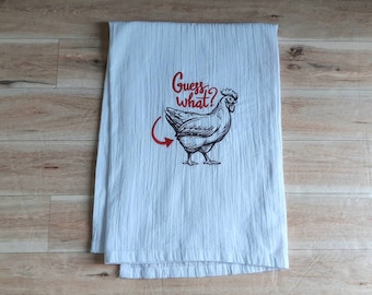 Modern Farmhouse Decor, Flour Sack Towel, Chicken Decor, Embroidered Dish Towel