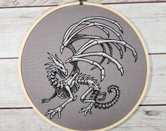 Finished Embroidery, Dragon skeleton,  Halloween Wall Art, 8 inch hoop Embroidery, Halloween Hoop, Fall Decor, Spooky Wall Art