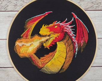 10 inch Hoop, Finished Dragon Embroidery, Dragon Hoop Art, Year of the Dragon, Embroidered Wall Art
