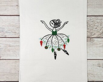 Christmas Dish Towel, Embroidered  Dish Towel, Flour Sack Tea Towel,  Kitchen Tea Towel, Ballerina Towel