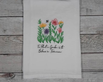 Flower Tea Towel, Flour Sack Kitchen Tea Towel, Embroidered Flower Towel