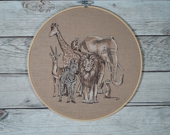 Finished Embroidery, Safari Animal Hoop Art, Embroidered Wall Art, 10 Inch Hoop, Giraffe Hoop Art, Elephant Wall Art
