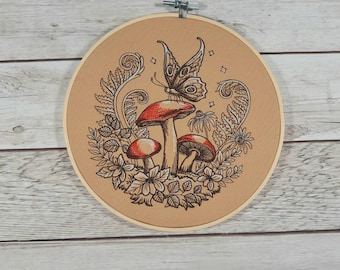 Finished Embroidery, Mushroom Wall Decor, Embroidered hoop art, 8 inch hoop, Toadstool Art