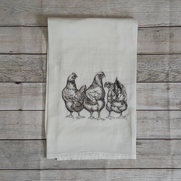 Chicken Tea Towel, Flour Sack Towel, Embroidered Chickens, Modern Farmhouse Decor, Decorative Dish Towel