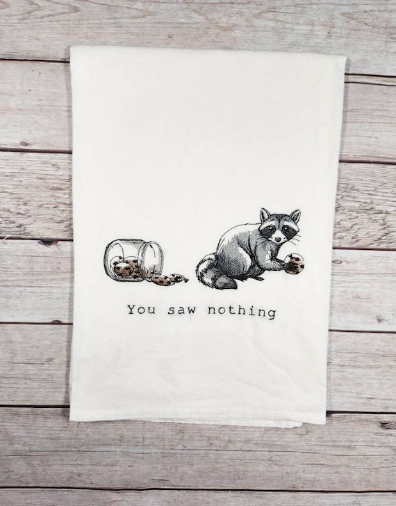 Funny Raccoon Tea towel, Embroidered Dish Towel, Funny Flour Sack Towel, Housewarming Gift