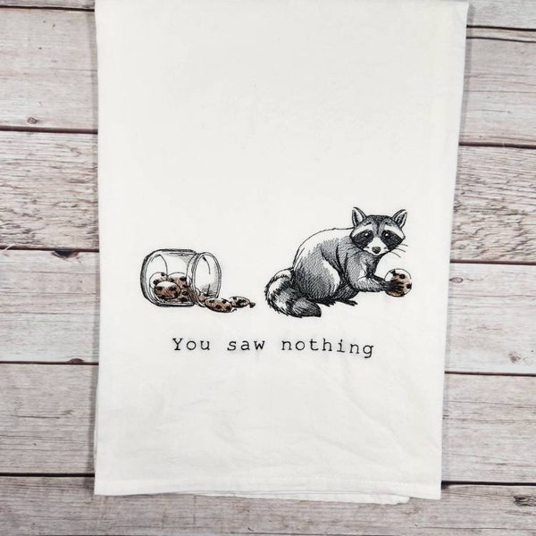 Funny Raccoon Tea towel, Embroidered Dish Towel, Funny Flour Sack Towel, Housewarming Gift