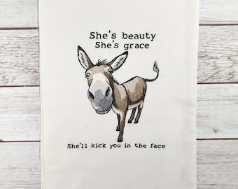 Donkey Tea Towel, Flour Sack Kitchen Tea Towel, Embroidered Donkey Towel, Funny Dish Towel, Donkey Decor