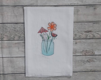 Flour Sack Towel, Summer Kitchen Decor, Embroidered Towel, Decorative Towel