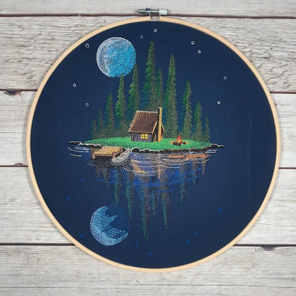 Finished Embroidery, Summer Wall Art, 10 inch Hoop, Embroidered Hoop Art, Moonlit Cabin, Cabin Hoop Art