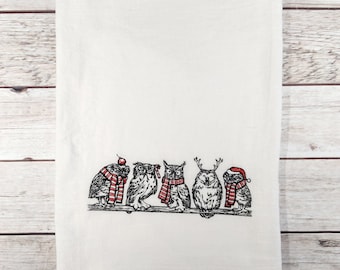 Christmas Owl Towel, Embroidered  Dish Towel, Christmas Tea Towel, Flour Sack Tea Towel, Owl Tea Towel, Owl Decor