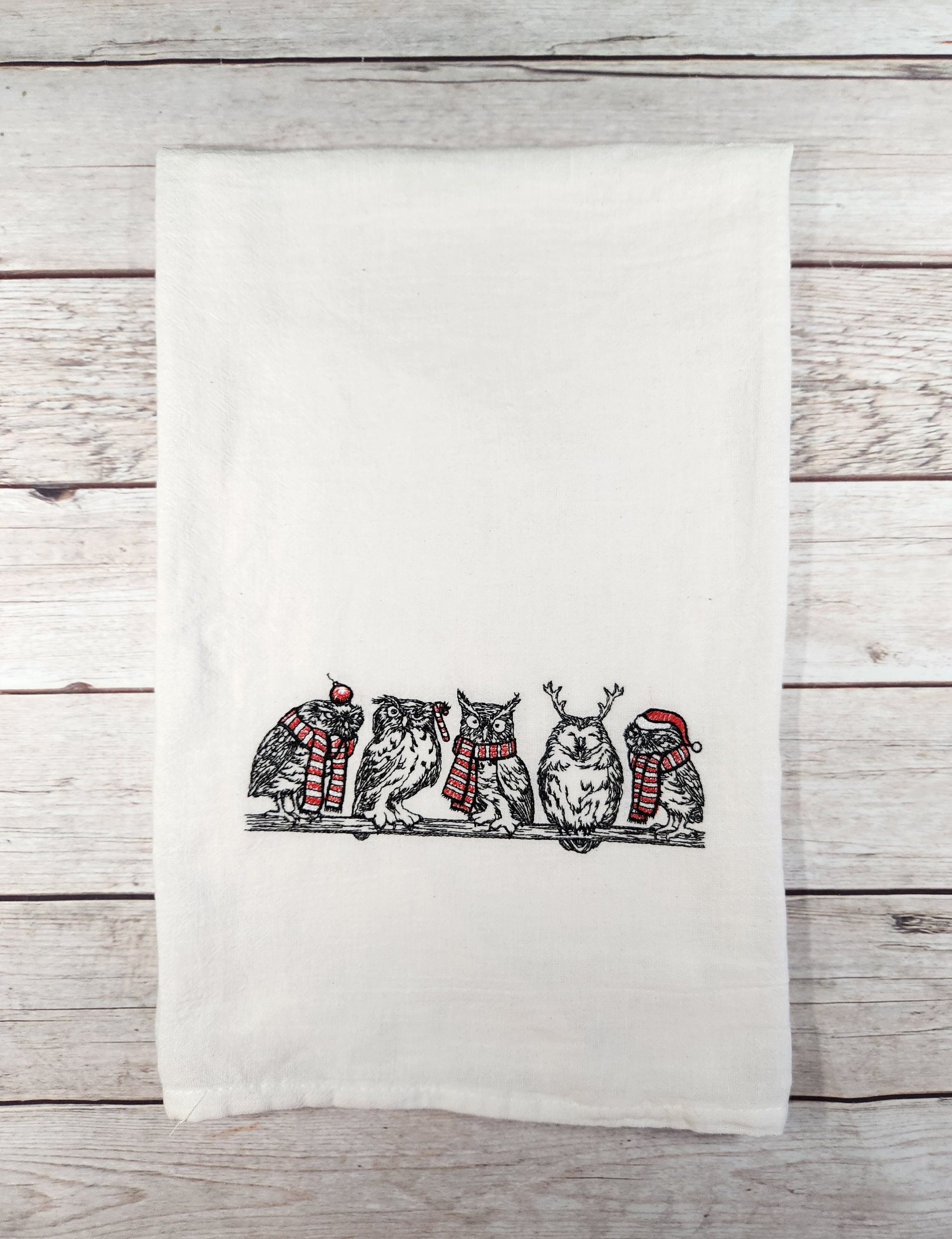 Christmas Owl Towel, Embroidered Dish Towel, Christmas Tea Towel, Flour Sack Tea Towel, Owl Tea Tow