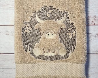 Highland Cow Hand Towel, Embroidered Bathroom Decor (16"x30") , Embossed Design