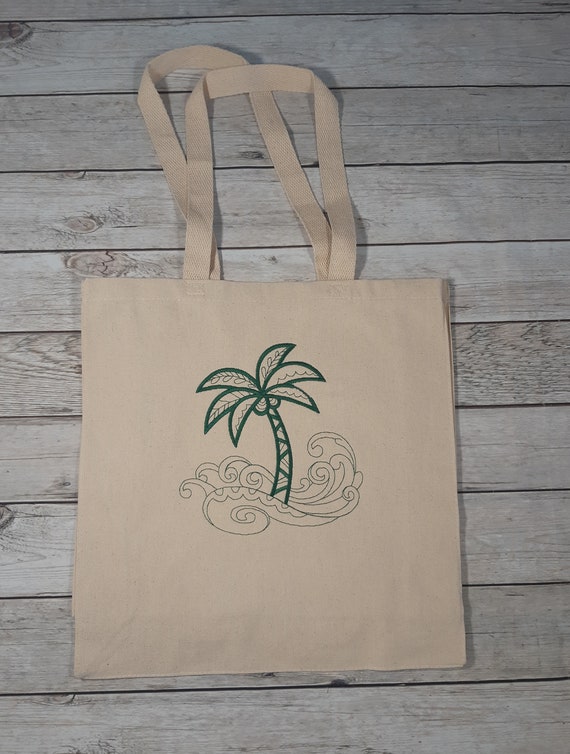 Palm Tree Tote Bag Embroidered Beach Bag Canvas Tote Bag Etsy