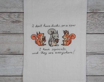 Embroidered Tea Towel, Flour Sack Kitchen Tea Towel, Funny Squirrel Dish Towel