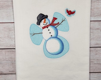 Snowman Towel, Christmas Tea Towel, Embroidered  Dish Towel, Winter Flour Sack Tea Towel,  Kitchen Tea Towel, Cute Snowman Decor