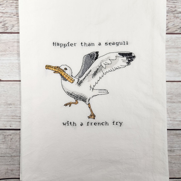 Funny Seagull Flour Sack Towel, Embroidered Towel, Seagull Kitchen Towel, Housewarming Gift