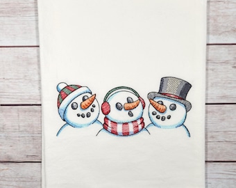 Snowman Towel, Christmas Tea Towel, Embroidered  Dish Towel, Winter Flour Sack Tea Towel,  Kitchen Tea Towel, Snowman Decor