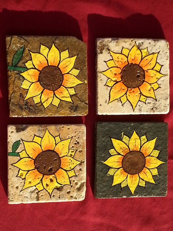 Sunflower Coasters Hand Painted Set of 4 Etsy