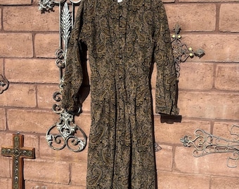 Vintage Leslie Fay Paisley Corduroy Long Sleeve Dress Maxi Length Button Down Size 8 Prairie Cottagecore