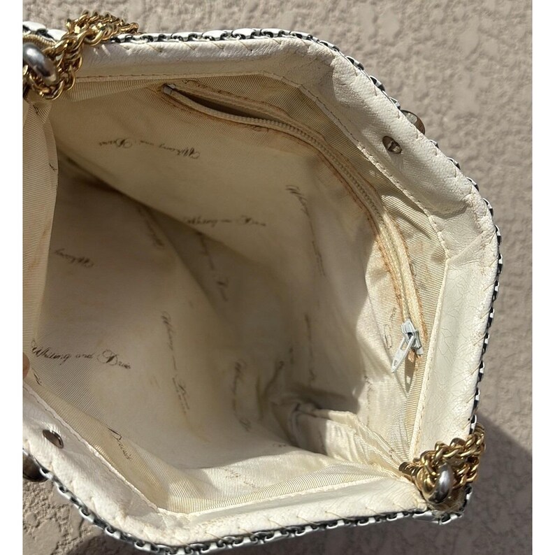 Bolso de mano vintage de malla metálica blanca de Whiting and Davis con correa de cadena dorada imagen 5