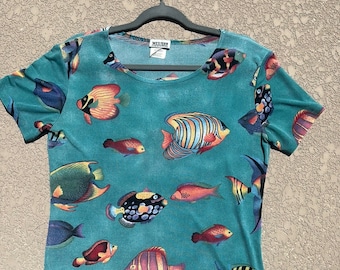 Western Connection Women’s Tropical Fish Shirt Short Sleeve Slinky Sz Large
