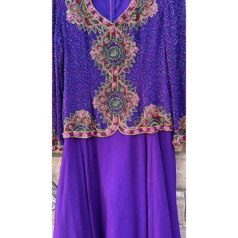 Vintage Adrianna Papell Silk Beaded Evening Dress Maxi Long Sleeve Size 8 90s image 4