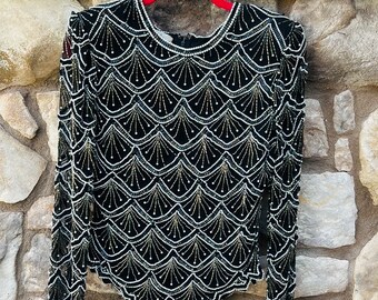 Vintage Laurence Kazar Beaded Pearl Silk Top Black White Sheer Size Small