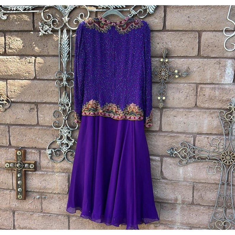 Vintage Adrianna Papell Silk Beaded Evening Dress Maxi Long Sleeve Size 8 90s image 6