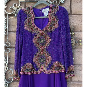Vintage Adrianna Papell Silk Beaded Evening Dress Maxi Long Sleeve Size 8 90s image 2