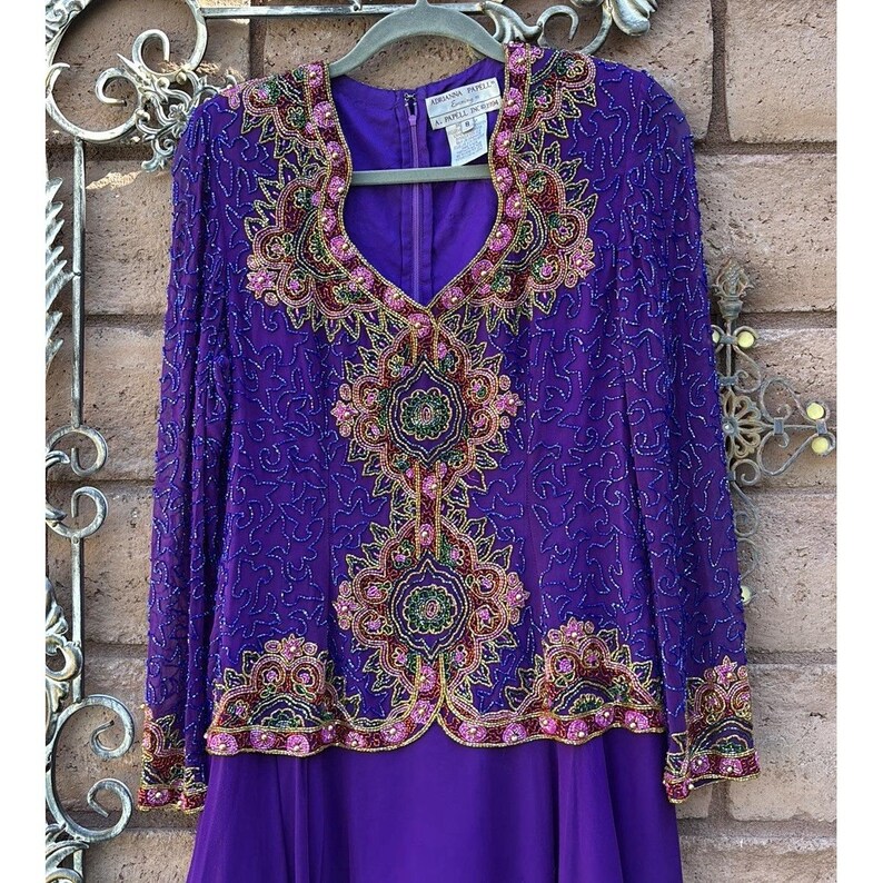 Vintage Adrianna Papell Silk Beaded Evening Dress Maxi Long Sleeve Size 8 90s image 2