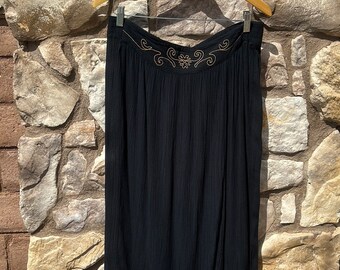 Carole Little Midi Black Peasant Skirt Gauze 90s Gold Embroidery Size 10