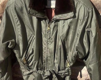 Chaqueta bomber de vuelo Andrew Marc de piel sintética para mujer, talla pequeña, verde, vintage