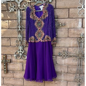Vintage Adrianna Papell Silk Beaded Evening Dress Maxi Long Sleeve Size 8 90s image 1