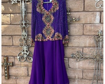 Vestido de noche vintage Adrianna Papell de seda con cuentas, manga larga, talla 8, años 90
