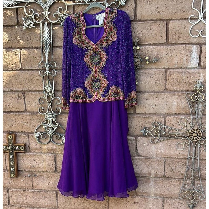 Vintage Adrianna Papell Silk Beaded Evening Dress Maxi Long Sleeve Size 8 90s image 1