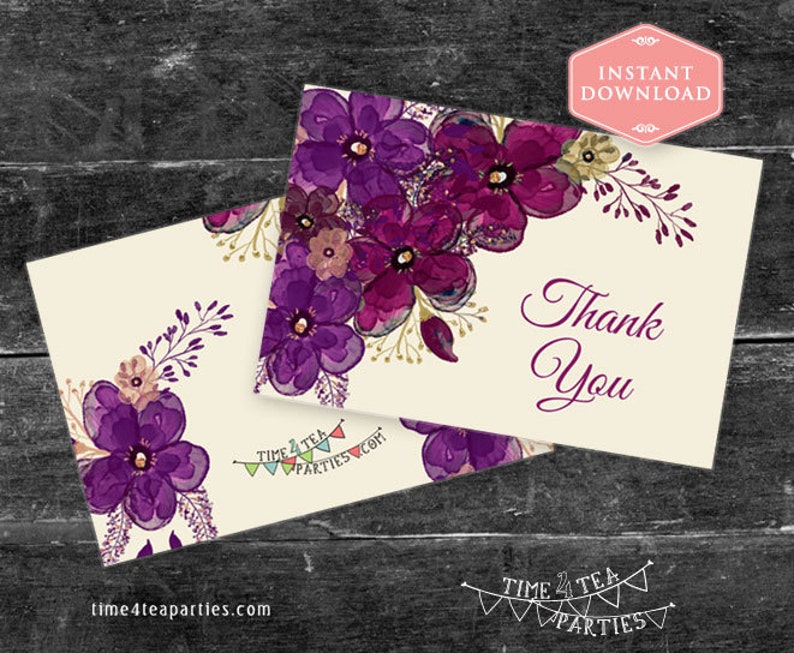 Purple Plum Pink Floral Wedding Thank You Card Bridal Tea Etsy