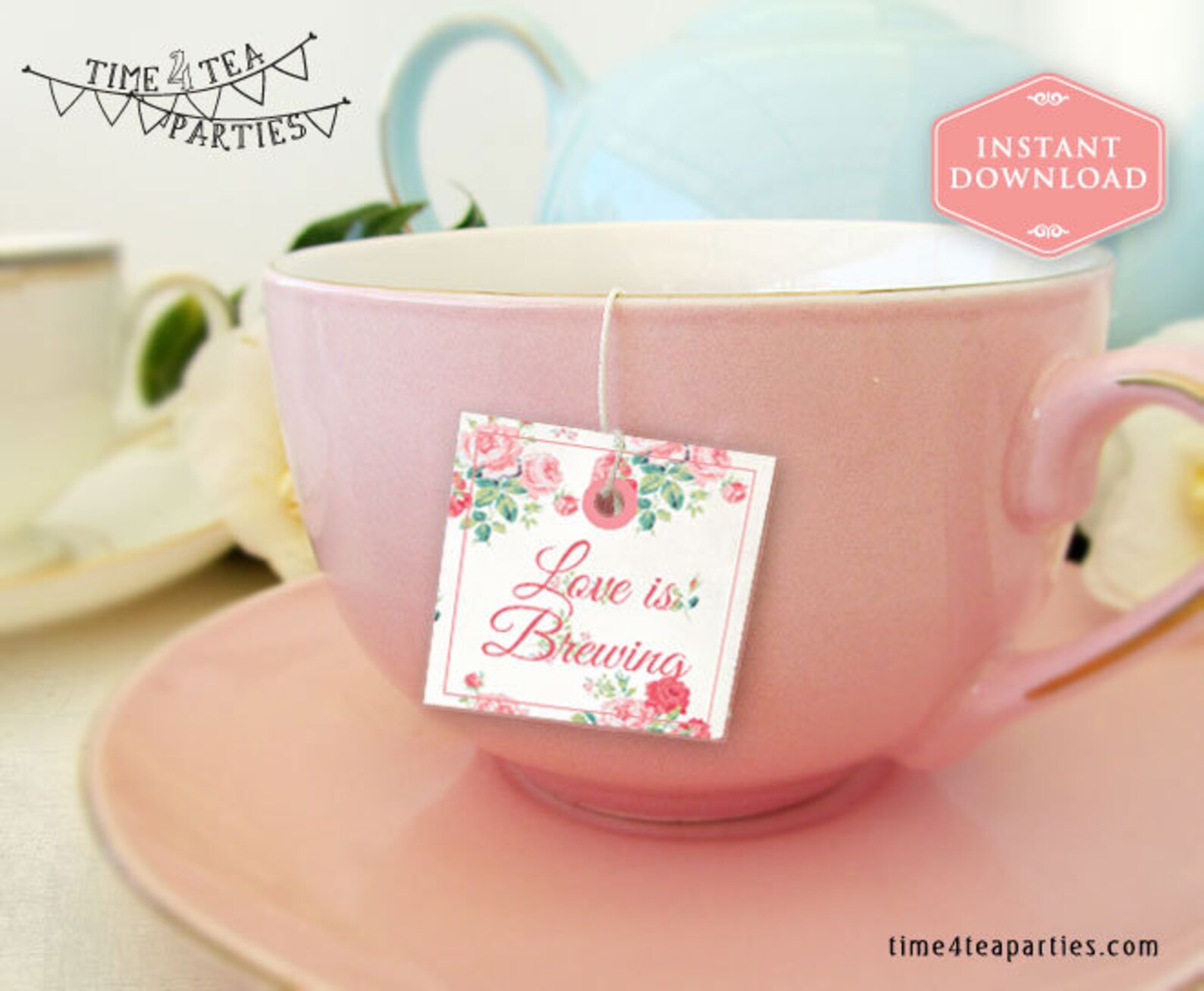 Tea Bag Tags Pink Floral. Love is Brewing. Download Today Etsy