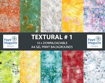 May include: A set of 10 digital backgrounds with various textures, including green, blue, red, yellow, and white. The backgrounds are labeled "Textural #1" and "10 x downloadable A4 gel print backgrounds".