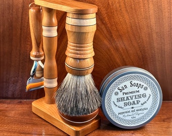 Deluxe MAGNETIC handcrafted swoosh cherry/maple shaving kit with razor and stand, natural badger hair (or vegan) brush, and choice of soaps