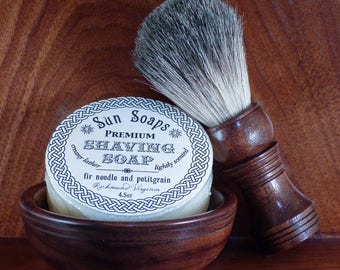 Walnut shaving bowl with matching walnut badger hair (or vegan) brush and choice of soaps