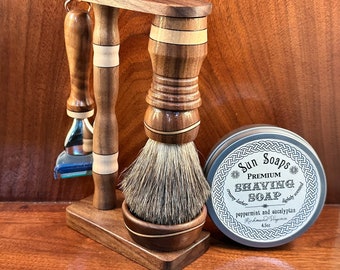 Deluxe MAGNETIC handcrafted swoosh walnut/maple shaving kit with razor, and stand, natural badger hair (or vegan), and choice of soaps