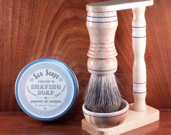 Deluxe MAGNETIC handcrafted all maple two tone shaving kit with stand and custom bowl, natural badger hair (or vegan), and choice of soaps