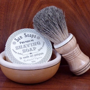 Maple two tone shaving bowl with matching maple badger hair or vegan brush and choice of soaps image 1